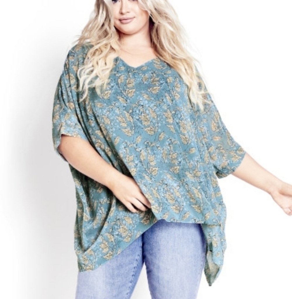 City Chic High Lo Attached Tank  Sharkbite Leaf Print Top